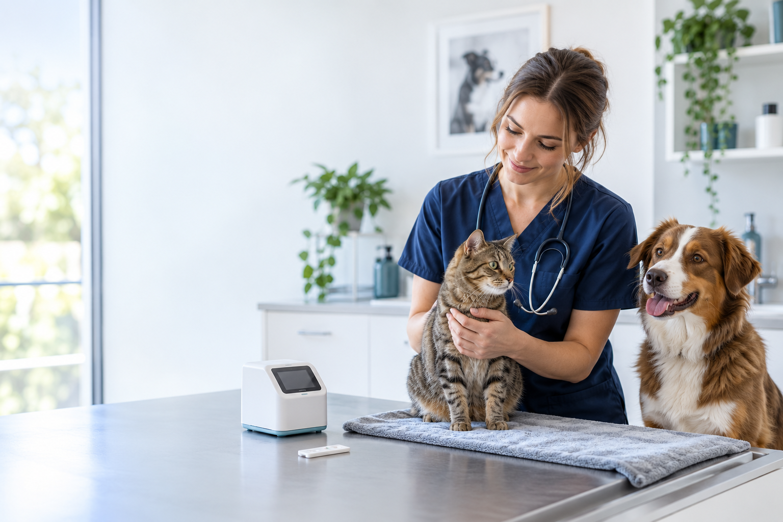 Veterinarian with a cat and dog beside a compact diagnostic reader